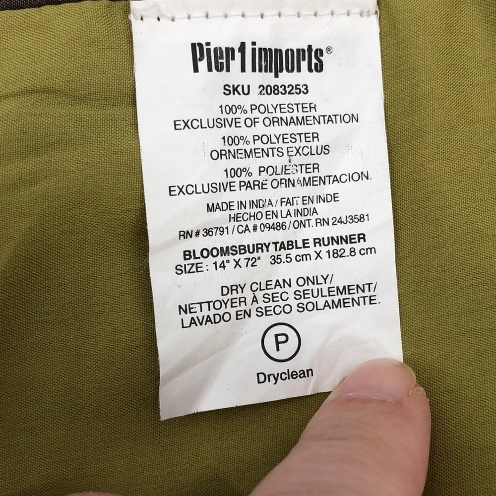 Pier 1 Imports Bloomsbury Table Runner 14”x72” Dry Clean 109% Polyester 2083253
